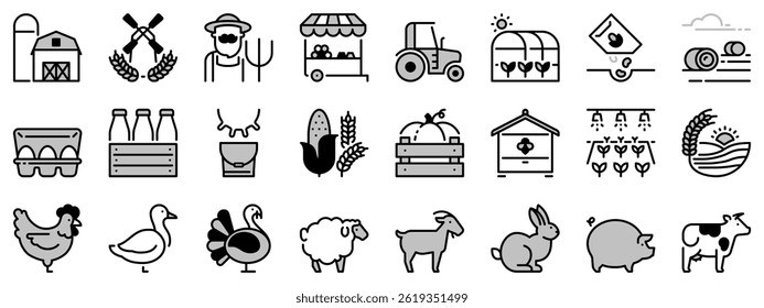 Icons in two tones, black and gray, about farming.