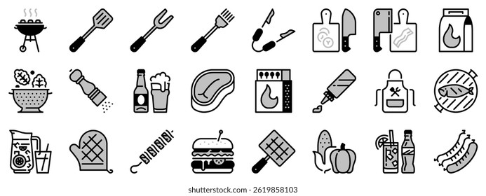 Icons in two  tones, black and gray, about food and drink. Grill and barbecue. 