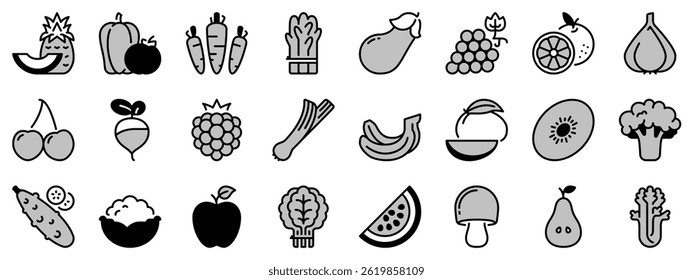 Icons in two  tones, black and gray, about  fruit and vegetables. Healthy food.  