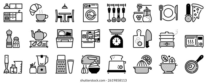 Icons in two  tones, black and gray, about kitchen. 
