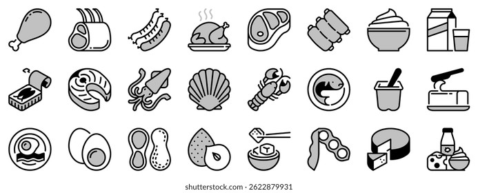 Icons in two  tones, black and gray,  about proteins. Meat, fish, seafood, legumes, nuts, eggs and dairy products. Healthy food.  