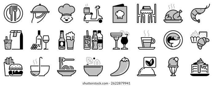 Icons in two  tones, black and gray,  about restaurant. Food and drink. 