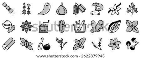 Icons in two  tones, black and gray,  about spices and herbs. Contains such icons as turmeric, celery, rosemary, saffron and pepper. 