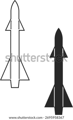 Icons of two winged rockets with four wings and a sharp rocket nose, line and silhouette in black.