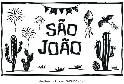 Icons of São João, a typical festival from northeastern Brazil. Woodcut style illustration of Brazilian cordel