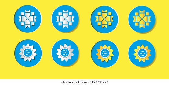 Icons With Ukrainian National Cross Stitch, Icons With Sunflower. Yellow And Blue Color Of The Ukrainian Flag. The Buttons Are Convex And Concave. Collection Of Realistic 3D Icons.  Paper Cutting .