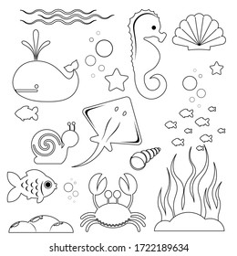 icons of the underwater world and marine life in black and white version isolated on a white background. Vector illustration