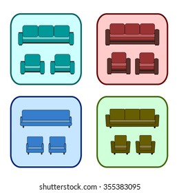 Icons of upholstered furniture. Sofa and chair colorful icons. Icons for a furniture store. Icons for furniture site. Sofas and armchairs vector icons. Upholstered furniture icons poster.