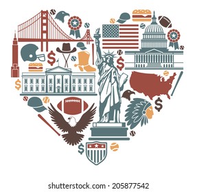 Icons of the USA in the form of heart