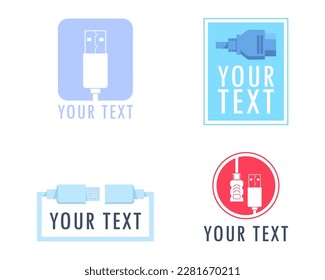 Iconos con cables USB y sus ilustraciones de vector de texto. Dibujos de dibujos animados de equipos o conectores para dispositivos electrónicos o gadgets, computadoras o teléfonos. Concepto de hardware, red y tecnología