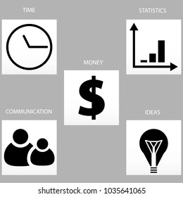 Icons for use in infographic are shown, presentation business icons, multiplayer symbols, labels for communication, time, statistics, ideas and money.