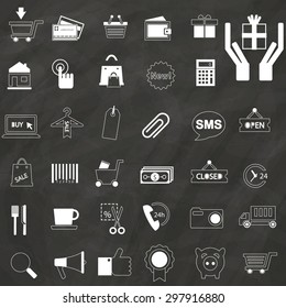 Icons used in dealing buy and sale white color. Placed on a chalkboard. In vector format.