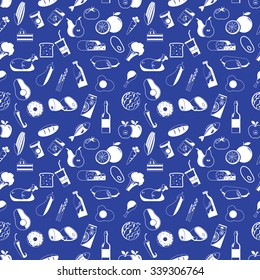 Icons used in supermarket white seamless. Placed on blue color background. In vector format.