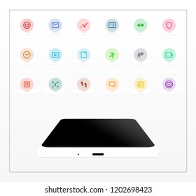 Icons of useful mobile applications. Below is a white smartphone.