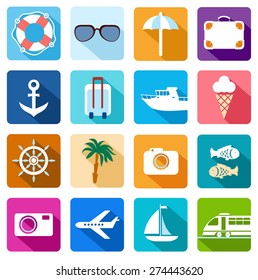  Icons vacation, tourism, sea, relaxation, colored flat. Colored flat icons with attributes of leisure, travel and holidays by the sea. For printing and websites. 