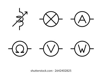 Ícones de indutores variáveis e medidores de ampere, ohm, voltagem, watt para esquemas de circuitos.