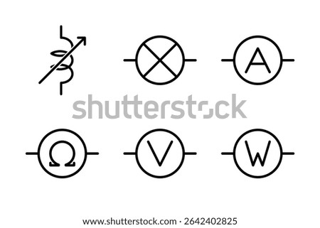 Icons of variable inductors and meters ampere, ohm, voltage, watt for circuit schematics.