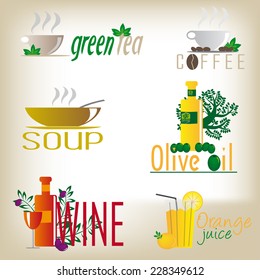 ICONS OF VARIED AS COFFEE DRINKS, TEA, WINE, OIL AND SOUP