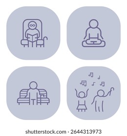 Icons of various activities for elderly, including reading, meditation, leisure relaxation, and dancing. Senior life concept