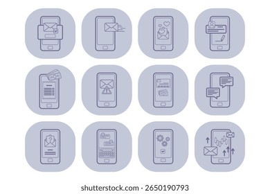 Iconos de varios aspectos de la comunicación móvil, incluidos los mensajes, el envío de correos electrónicos, las transacciones y las notificaciones. Concepto de uso de smartphone