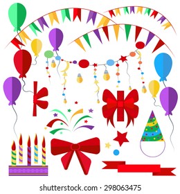 Icons of various celebratory elements into a flat style. Balls, stars, ribbons, candles, flags for design. Vector illustrations