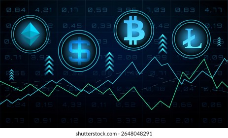 Ícones de várias criptomoedas ao lado de gráficos de tendência ascendente retratam o crescimento do financiamento digital e o potencial para oportunidades de negociação. Conceito de tendências econômicas emergentes e criptografia