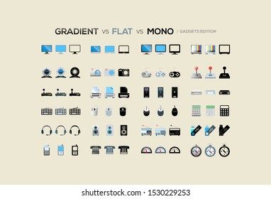 Icons of various electronic gadgets in 3 different styles gradient, flat and mono for each icon.