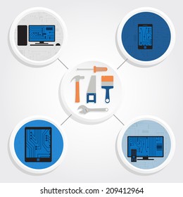 Icons of various electronic tools around equipment to repair them. Repairing electronic equipment