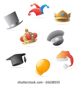 Icons for various hats. Vector illustration.