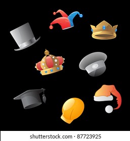 Icons for various hats. Vector illustration.