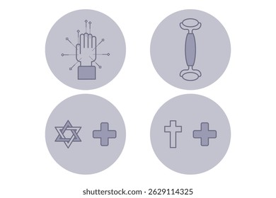 Ícones de vários temas de saúde, incluindo tecnologias médicas, símbolos de espiritualidade, ferramentas de fitness e práticas de bem-estar. Diversos aspectos da saúde