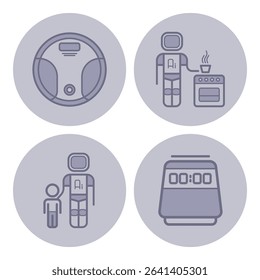 Icons of various home automation technologies. Robotic vacuum, cooking assistant robot, AI interacting with child, and timer display. Advanced household innovation concept