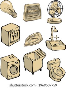 Icons of various isolated household appliances: Icons of various isolated household appliances: kitchen, fan, stove, dishwasher, washing machine, shower, light bulb iron