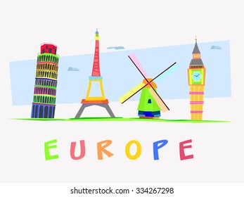 Icons of various monuments in Europe, with abstract and modern style. vector