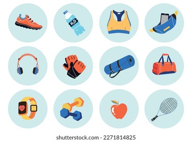 Icons of various sports equipment. Fitness equipment, gym accessories. Dumbbells, fitness tracker, sports bag, shoes, mat, gloves, tennis racket. The concept of a healthy lifestyle. Hand drawn vector