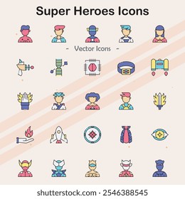 Ícones de vários personagens e atributos de super-heróis.