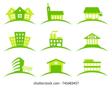Icons of various types of buildings. Vector illustration