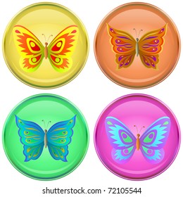 Icons, vector buttons with multi-coloured butterflies, set