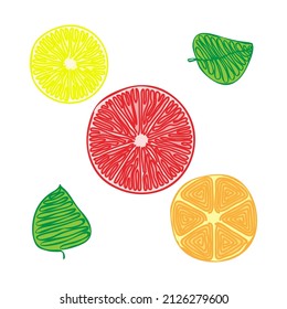 Icons vector citrus fruits: orange, lemon, grapefruit. Set with halves. Vector illustration in a flat style.