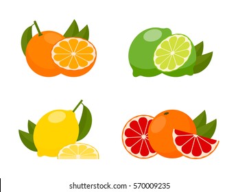 icons vector citrus fruits: orange, lemon, lime, grapefruit, tangerine. set with whole fruit and a half, with leaves and without. vector illustration in a flat style.