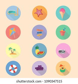 Icons vector collection with long shadow effect of traveling, tourism and vacation time. Isolated on  background.