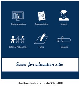 Icons vector set for education. Online education at home, documents, notes, graduate, different nationality, diploma. For websites design schools, institutes, colleges. Stylish design.