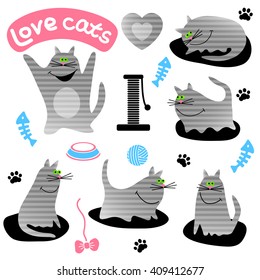 Icons vector set of funny gray cats. Cartoon character.