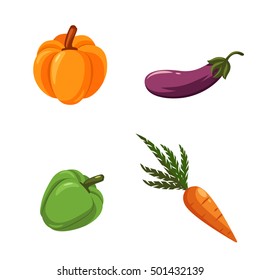 Icons vector set of vegetables: pumpkin, eggplant, green pepper, carrots. Vector illustration.