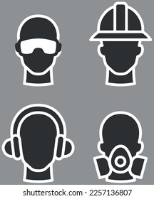 Icons. vectors. heads with industrial safety utensils. Industry. Flat style. Breathing mask. Safety helmet. Safety glasses. Ear protection.