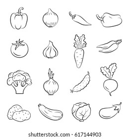 Icons of vegetables. Cooking and healthy eating. Vector illustration.