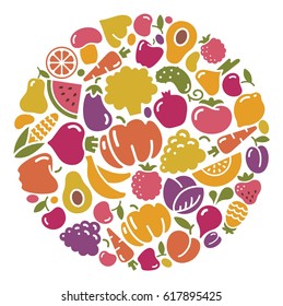 Icons of vegetables and fruit in the form of a circle
