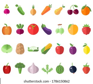 Icons of vegetables, fruits and berries in flat design. Organic food on an isolated white background. Harvest. Vector stock illustration.