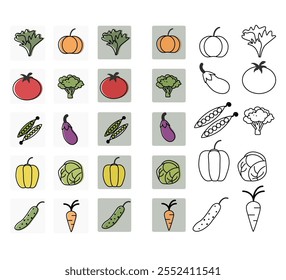 icons, vegetables. set of vegetables. linear art. healthy food