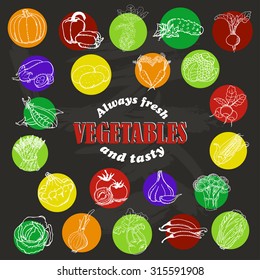 Icons of vegetables in sketch style in dark background. Vector illustration for your design